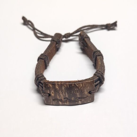 282 Brown Leather Adjustable Slider Bracelet with Brown Wood Kakeline Charm - Picture 3 of 6